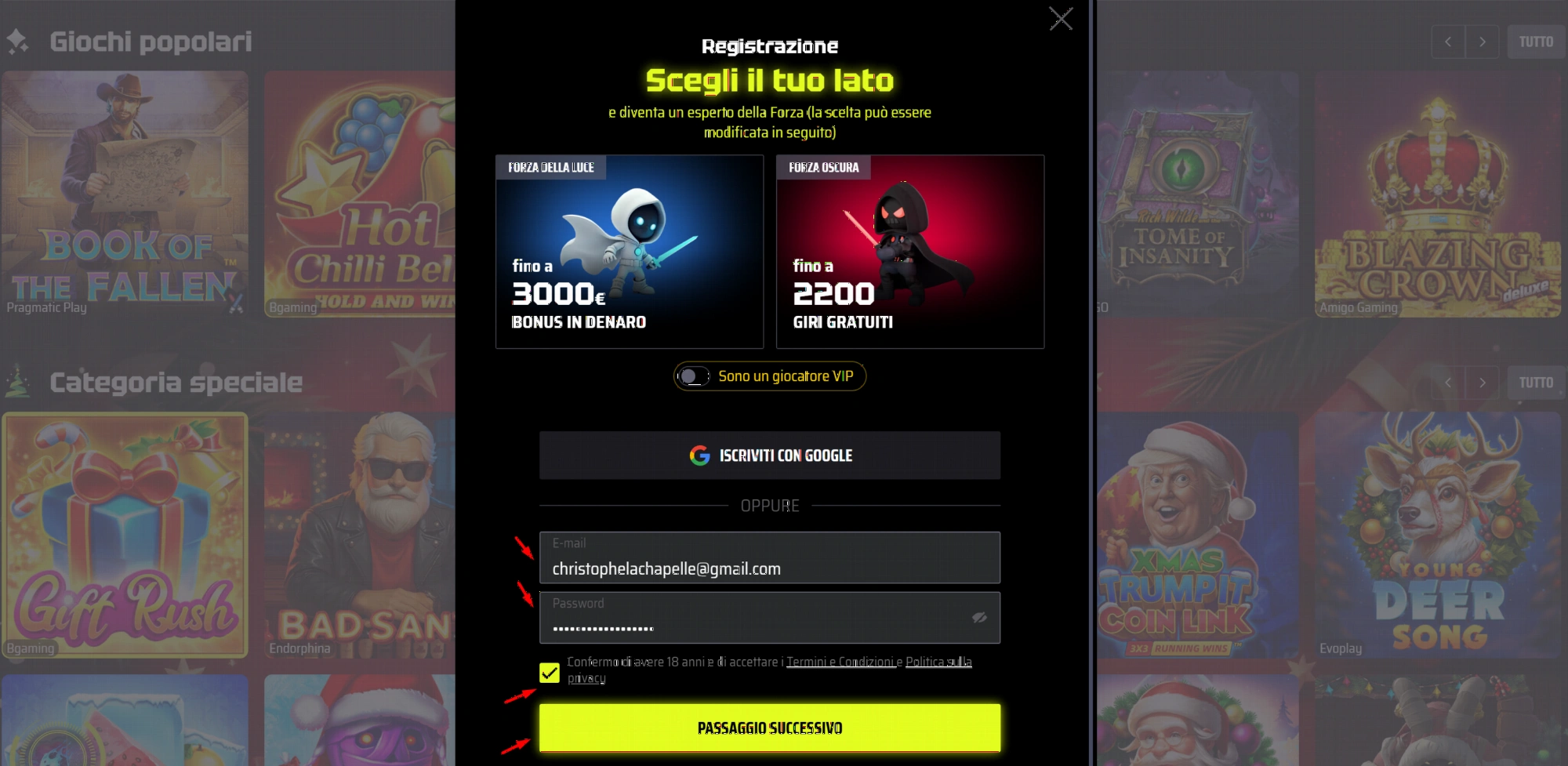 Procedura di registrazione e accesso SlotsVader Casino